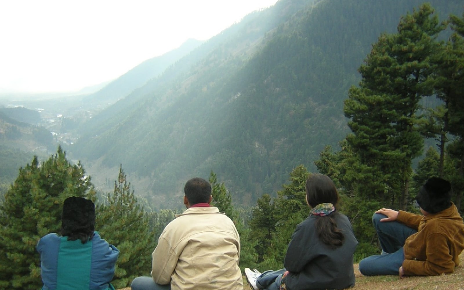 Travelers looking across the forested Pahalgam valley